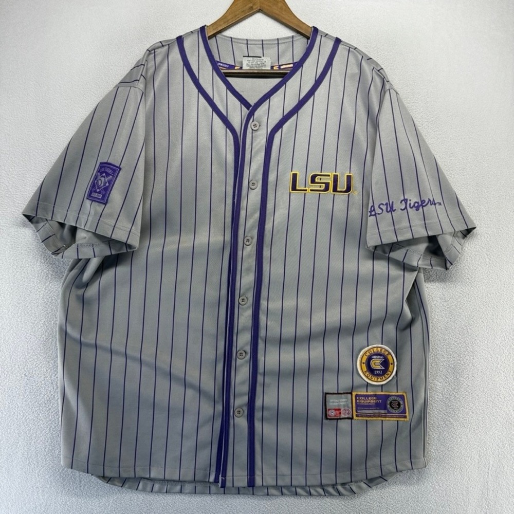 LSU Tigers Baseball Jersey Men's 2XL Gray Purple Stitched Pinstriped Sewn y2k